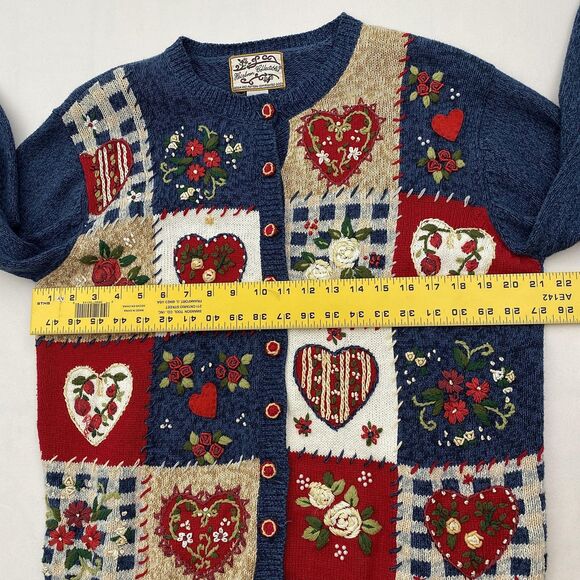 Heirloom Collectibles Vintage Patchwork Cardigan Sweater Large Blue Hearts - Picture 7 of 8